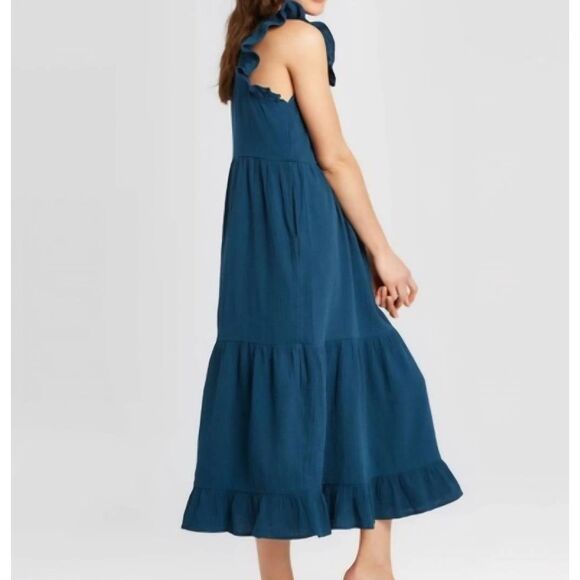Universal Thread Dress Women's Medium Teal Blue Corron Gauze Midi Tiered Ruffle - Picture 1 of 5